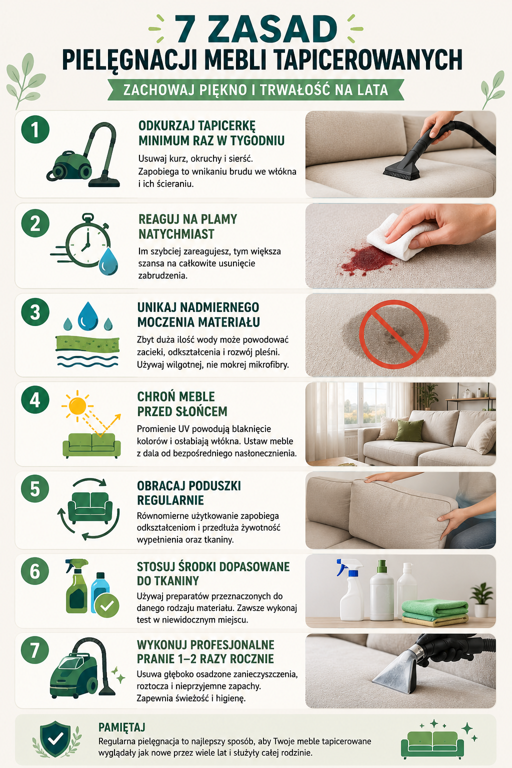Infografika pokazująca jak dbać o meble tapicerowane i skutecznie przedłużyć ich trwałość