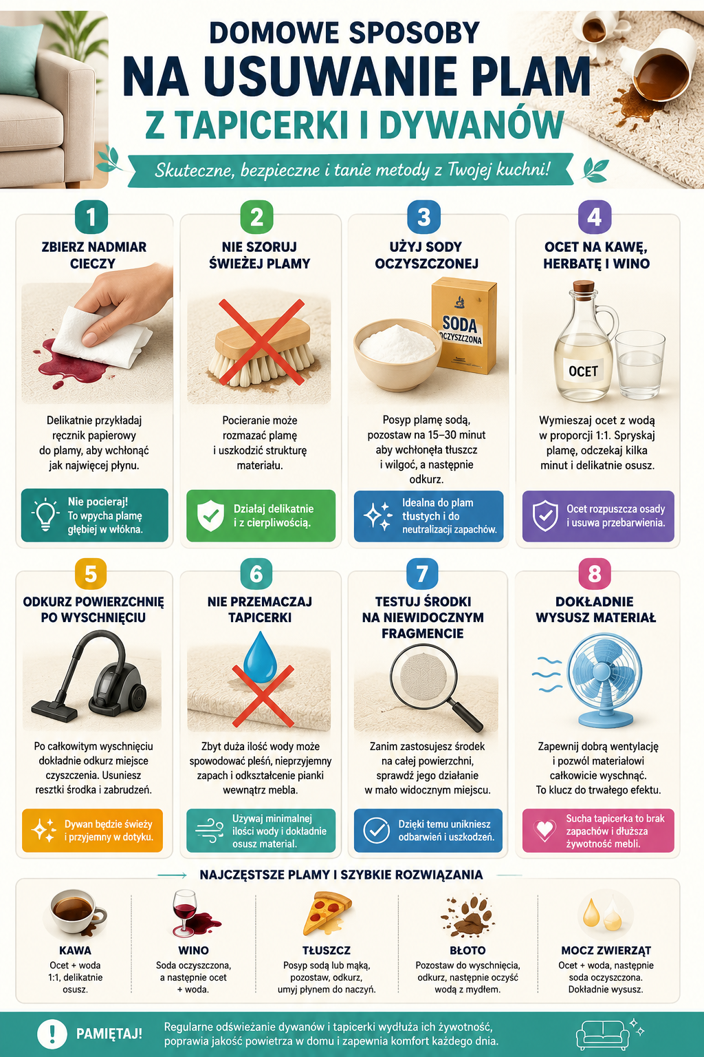 Domowe sposoby na usuwanie plam z tapicerki i dywanów 1 Infografika pokazująca domowe sposoby na usuwanie plam z tapicerki i dywanów