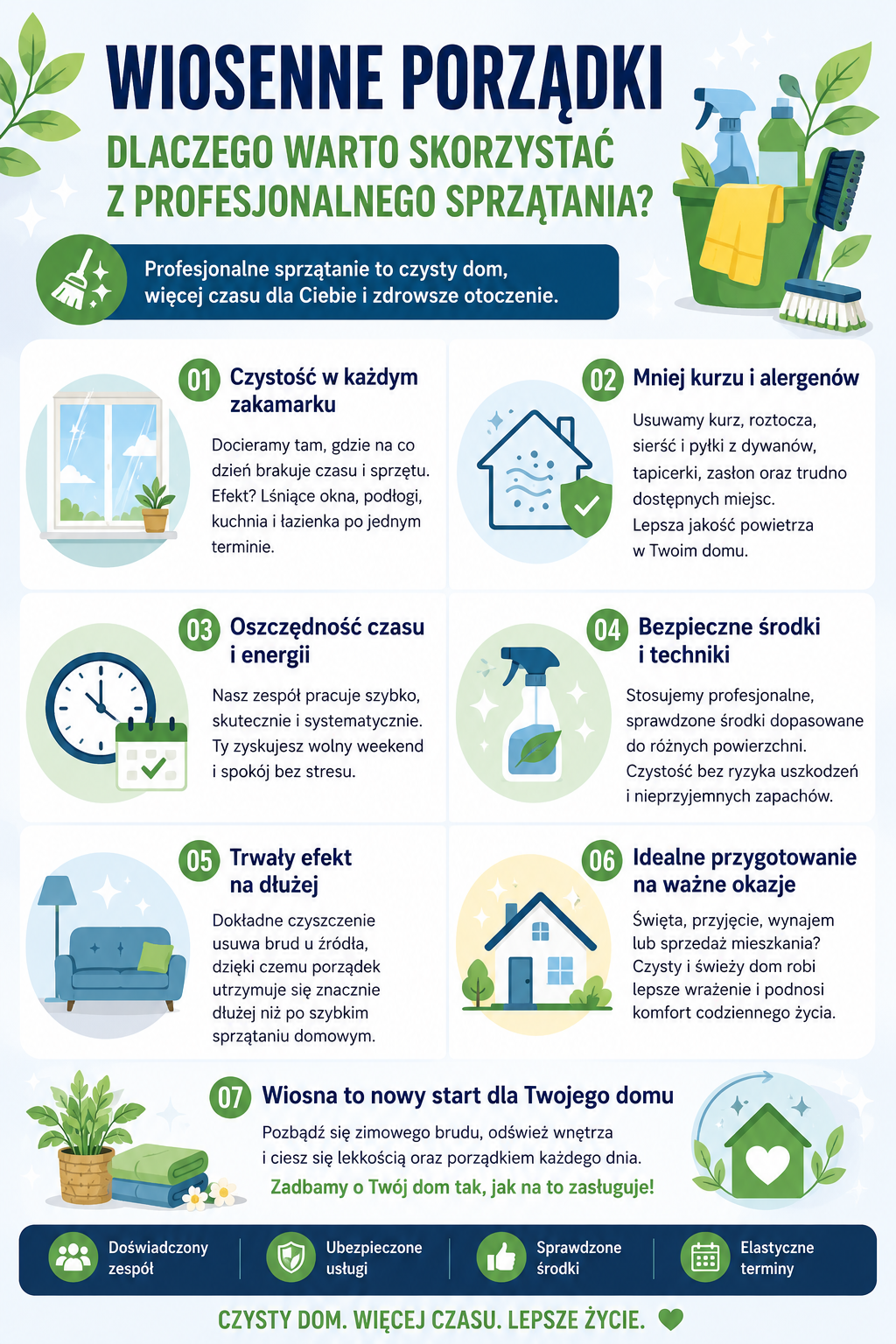Wiosenne porządki i korzyści profesjonalnego sprzątania domu po zimie przedstawione na czytelnej infografice