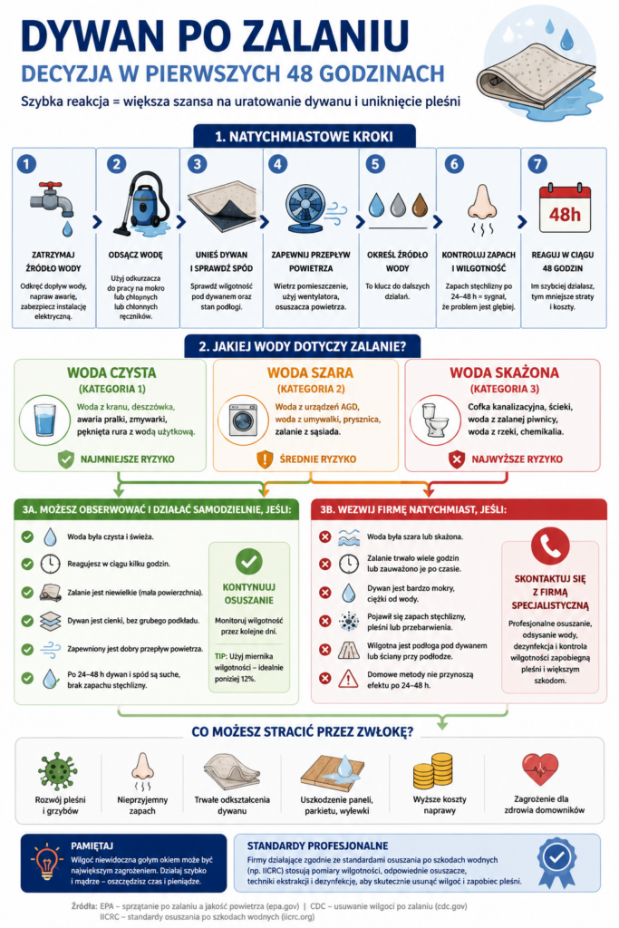 Infografika dywan po zalaniu z krokami osuszania i momentem wezwania firmy po szkodzie wodnej