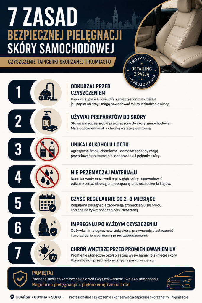 Infografika przedstawiająca zasady czyszczenia tapicerki skórzanej Trójmiasto i ochrony skóry