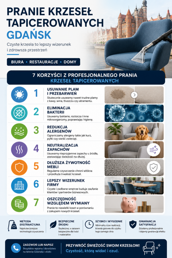 Pranie krzeseł tapicerowanych Gdańsk — biura, restauracje, domy 1 Infografika przedstawiająca korzyści jakie daje pranie krzeseł tapicerowanych Gdańsk w firmach i domach