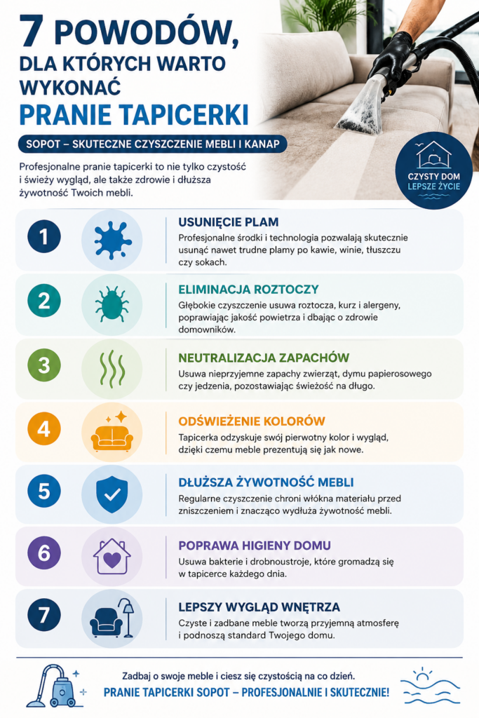 Infografika przedstawiająca korzyści jakie daje regularne pranie tapicerki Sopot