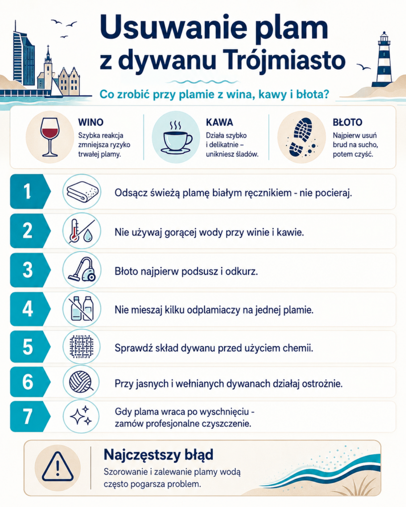 Infografika usuwanie plam z dywanu Trójmiasto z krokami dla wina, kawy i błota