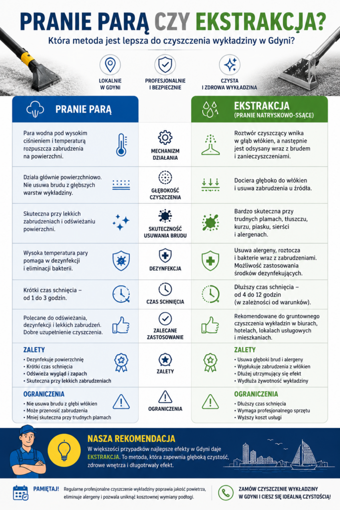 Czyszczenie wykładziny Gdynia - pranie parą czy ekstrakcja? 1 Infografika porównująca pranie parą i ekstrakcyjne czyszczenie wykładziny Gdynia