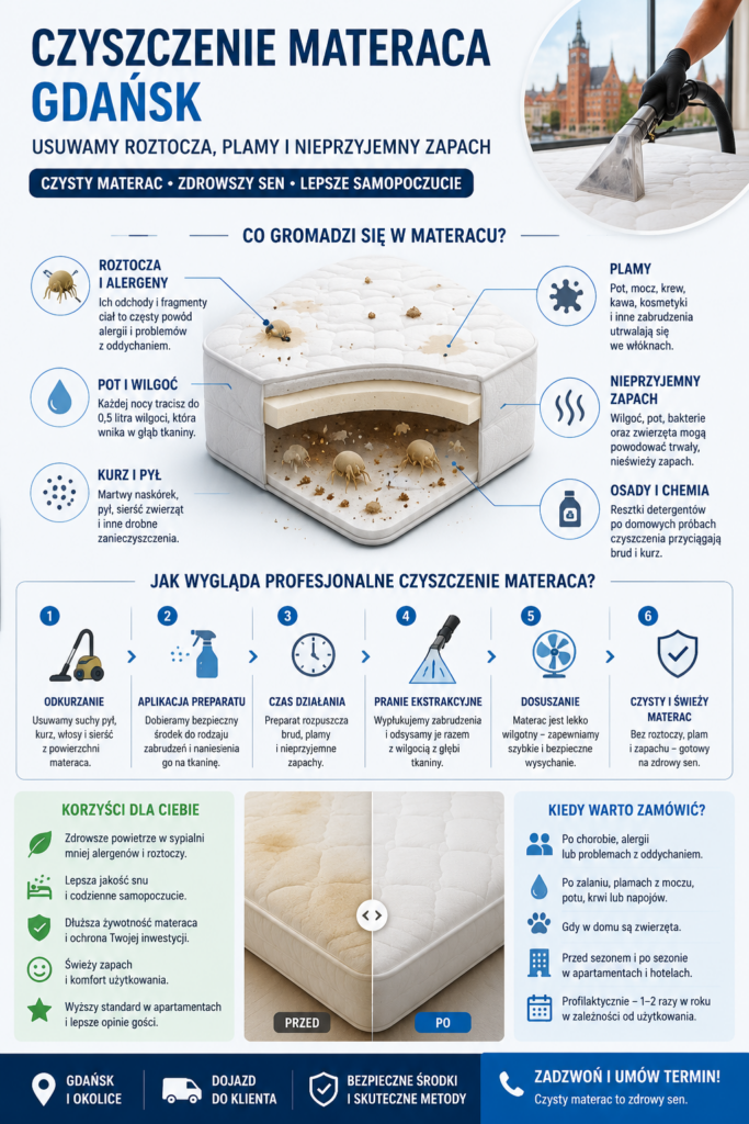 Infografika czyszczenie materaca Gdańsk pokazująca roztocza, plamy, alergeny i zapach w materacu