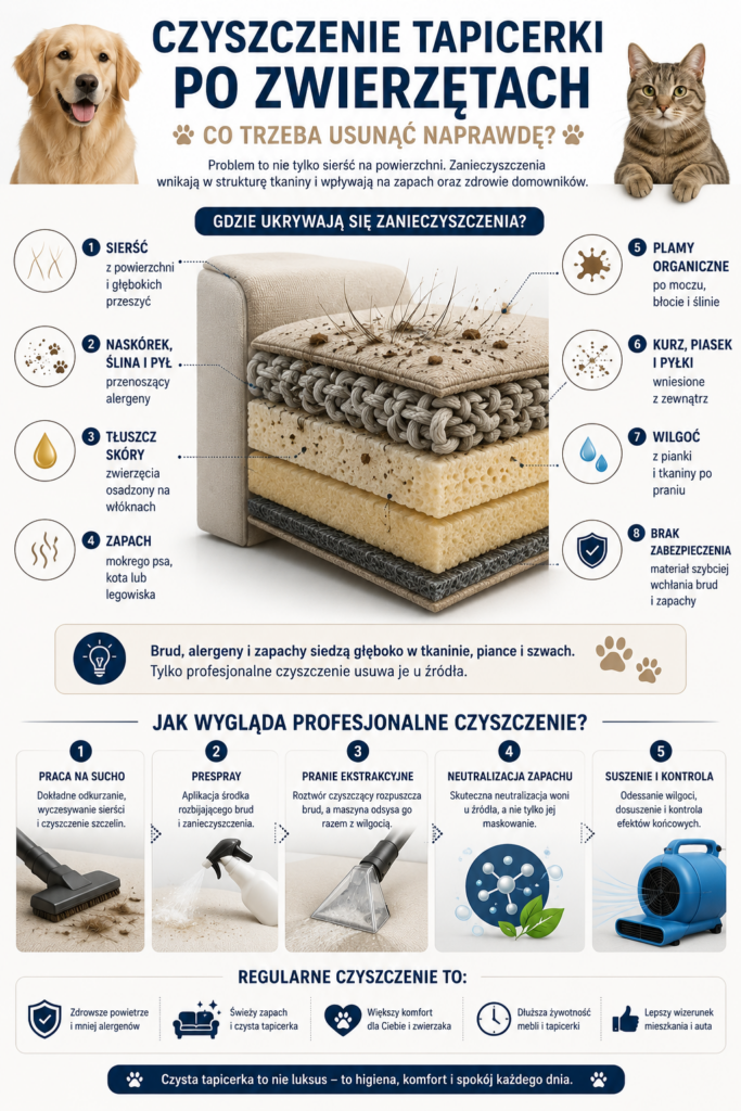 Infografika czyszczenie tapicerki po zwierzętach - sierść, zapachy, alergeny i etapy prania