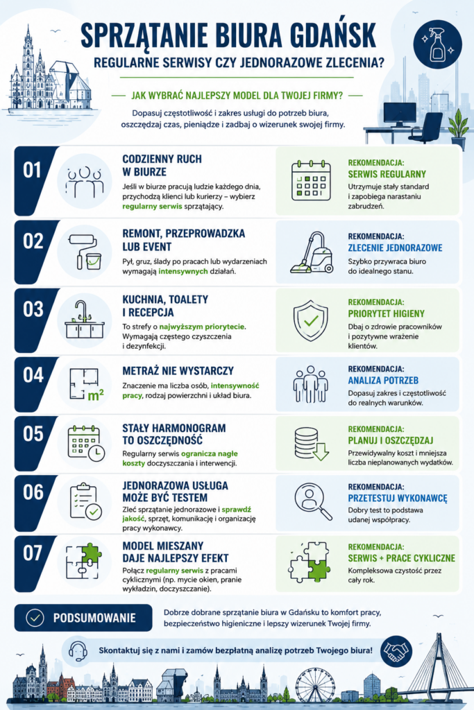 Sprzątanie biura Gdańsk - serwis czy zlecenie? 1 Sprzątanie biura Gdańsk - infografika pokazująca wybór między serwisem regularnym a zleceniem jednorazowym