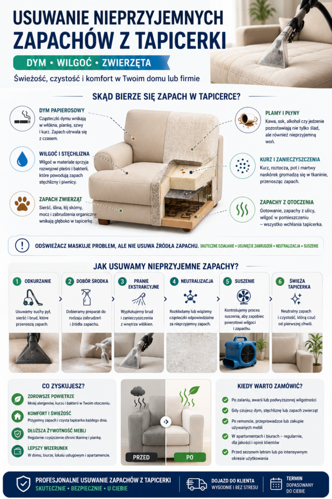Usuwanie nieprzyjemnych zapachów z tapicerki — dym, wilgoć, zwierzęta 1 Infografika usuwanie nieprzyjemnych zapachów z tapicerki po dymie, wilgoci i zwierzętach