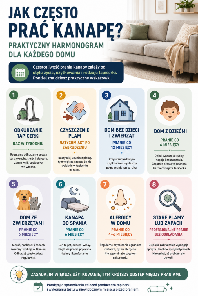 Jak często prać kanapę? Praktyczny przewodnik 1 Jak często prać kanapę - harmonogram czyszczenia tapicerki dla rodzin, alergików i właścicieli zwierząt
