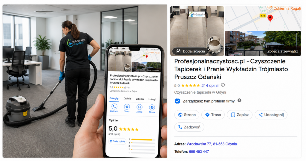 Wizytówka Google firmy sprzątającej w Trójmieście z oceną klientów i opiniami