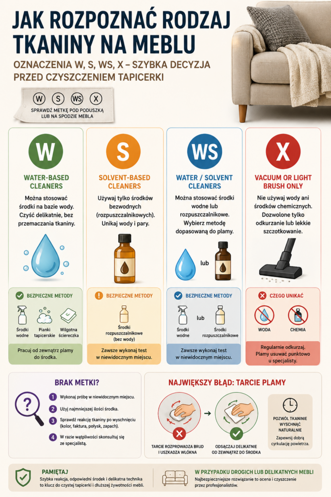Jak rozpoznać rodzaj tkaniny na meblu — oznaczenia W, S, WS, X 1 Infografika jak rozpoznać rodzaj tkaniny na meblu po oznaczeniach W S WS X i dobrać czyszczenie
