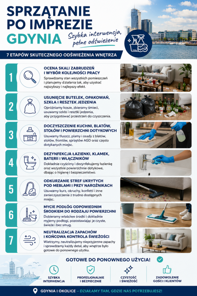Sprzątanie po imprezie Gdynia — szybka interwencja i pełne odświeżenie 1 Infografika sprzątanie po imprezie Gdynia pokazująca 7 etapów od usunięcia odpadów po odświeżenie