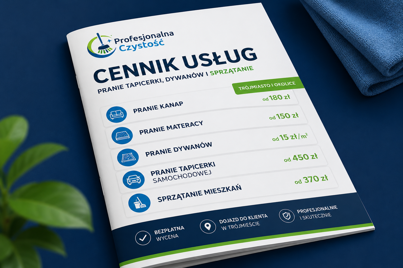 Cennik usług firmy Profesjonalna Czystość obejmujący pranie tapicerki, materacy, dywanów, wykładzin oraz sprzątanie z dojazdem na terenie Trójmiasta i okolic.