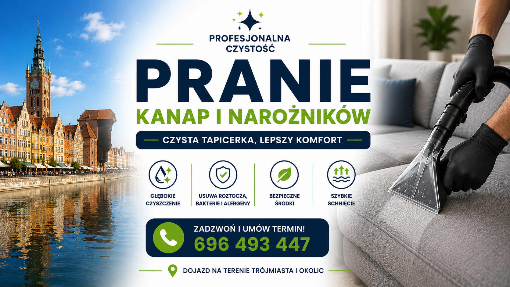 Profesjonalne pranie kanapy metodą ekstrakcyjną z dojazdem do klienta w Trójmieście, czyszczenie tapicerki meblowej.