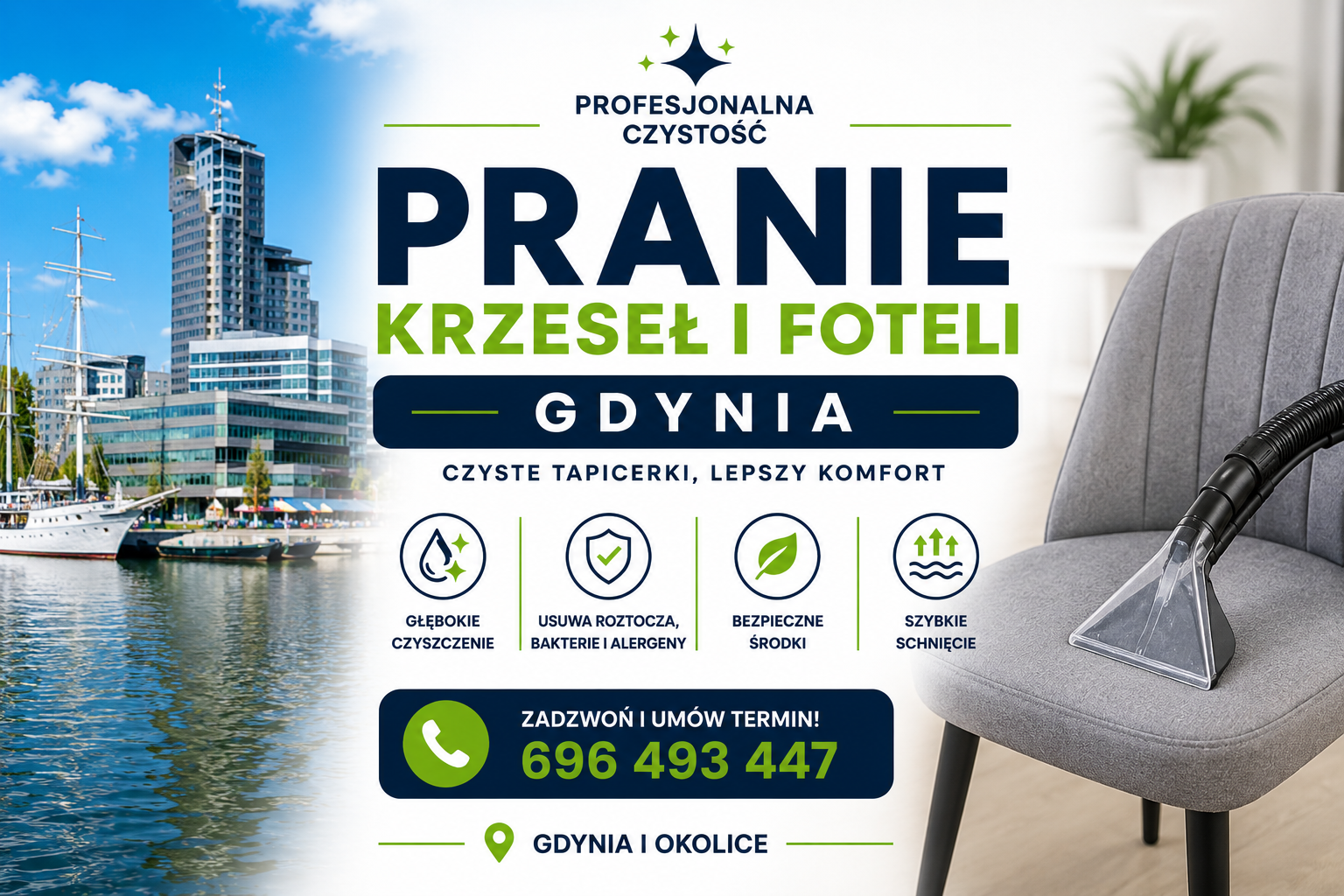 Pranie krzeseł i foteli Gdynia 1 Pranie krzeseł i foteli Gdynia - ekstrakcyjne czyszczenie tapicerki, odświeżanie siedzisk i usuwanie plam przez Profesjonalna Czystość
