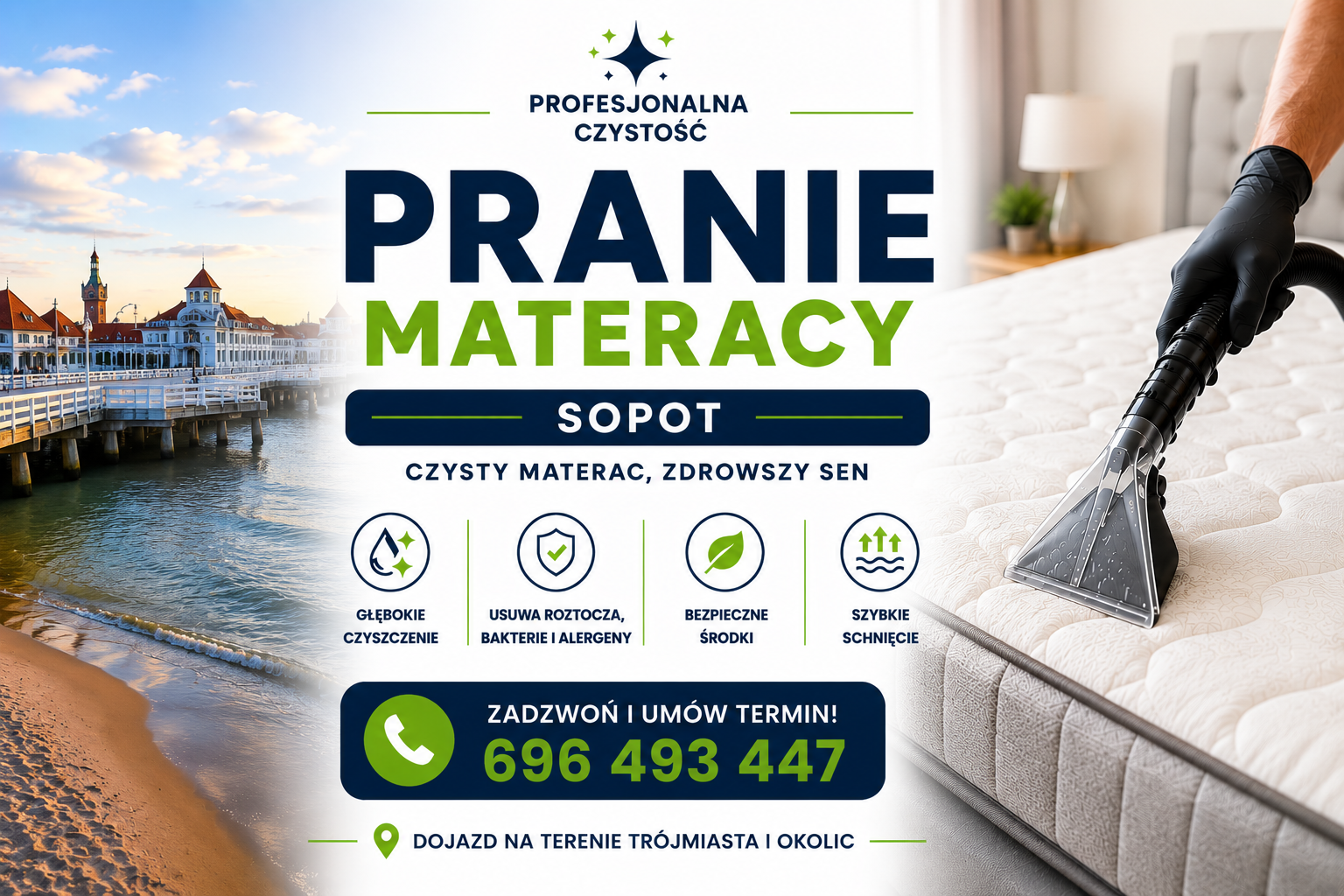 Pranie materacy Sopot metodą ekstrakcyjną - czyszczenie materaca, usuwanie plam, roztoczy, zapachów i alergenów przez Profesjonalna Czystość