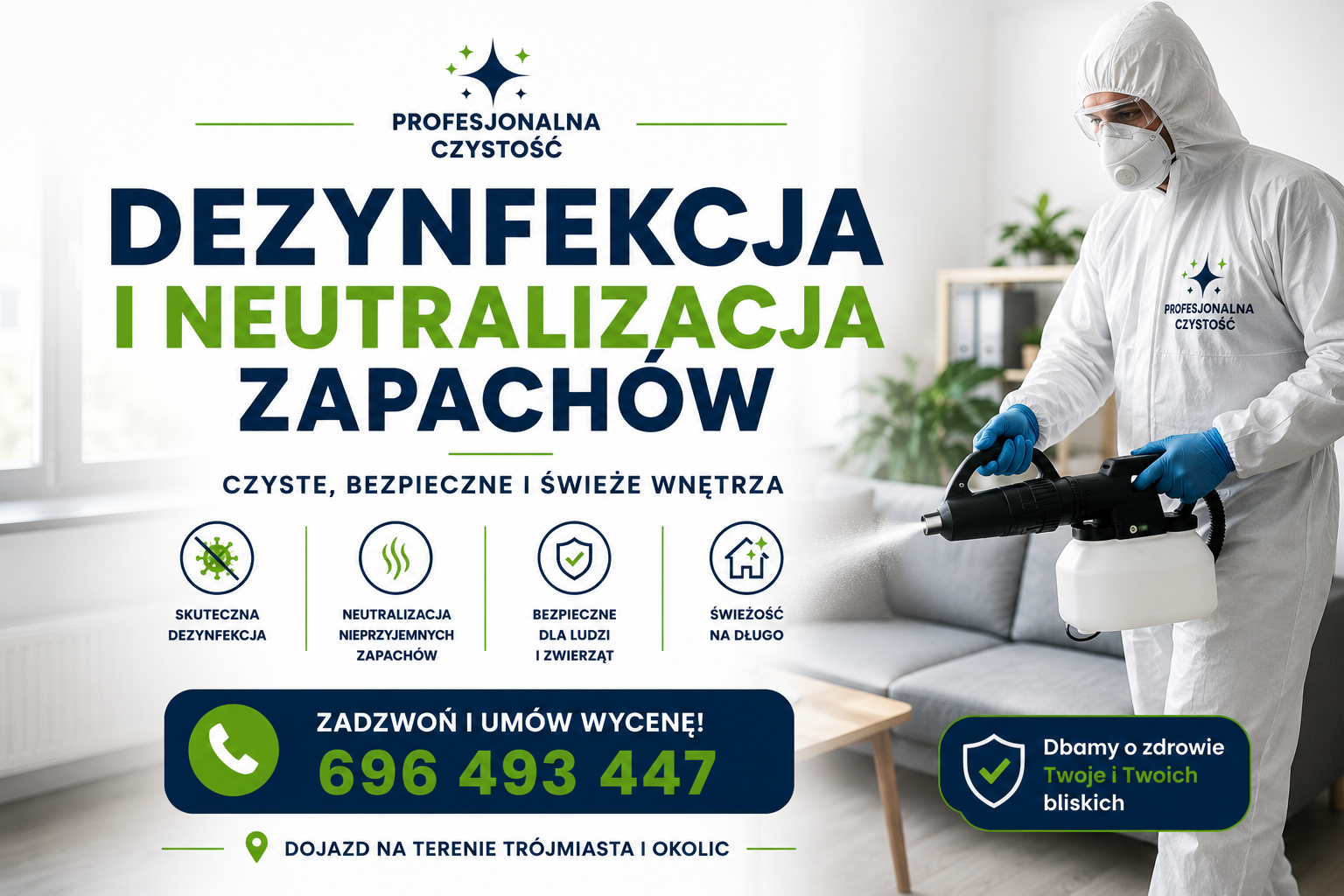 Dezynfekcje i neutralizacje 1 Profesjonalna dezynfekcja powierzchni i neutralizacja nieprzyjemnych zapachów w pomieszczeniach na terenie Trójmiasta.