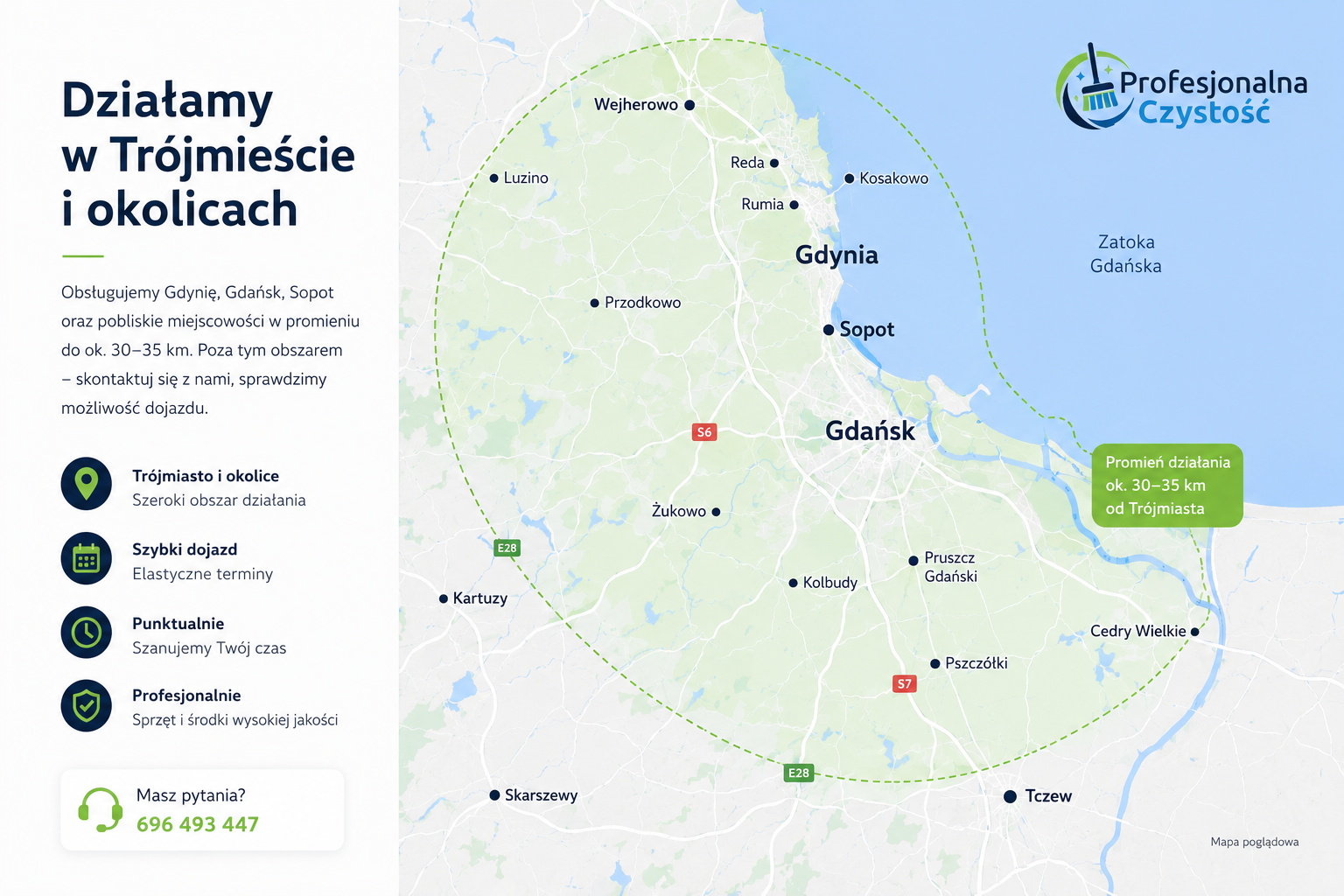 O Nas 3 Mapa obszaru działania firmy Profesjonalna Czystość obejmująca Trójmiasto oraz okoliczne miejscowości, w tym Gdynię, Gdańsk, Sopot, Rumię, Redę, Pruszcz Gdański i Tczew.