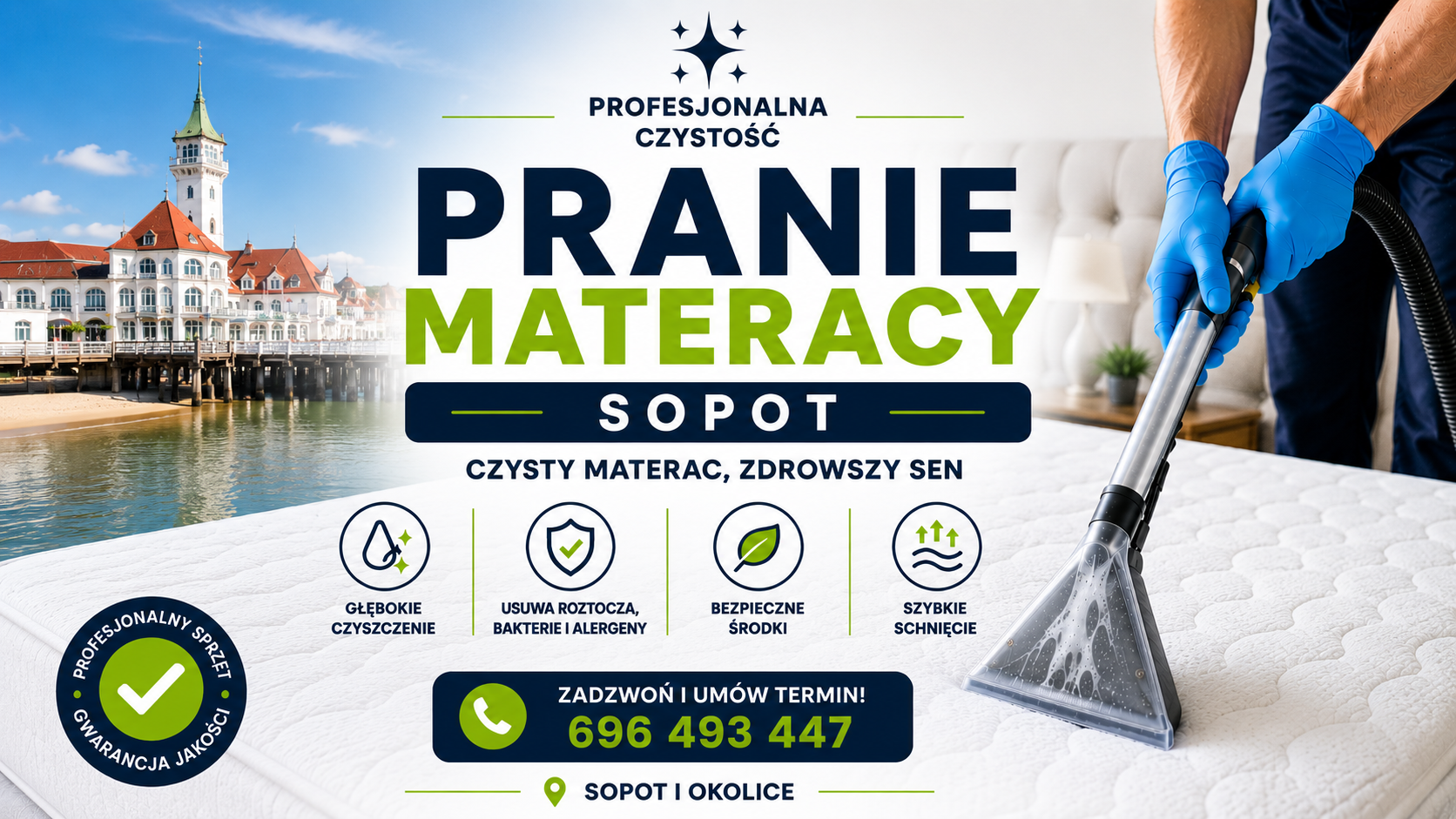 Pranie materacy Sopot metodą ekstrakcyjną - czyszczenie materaca, usuwanie plam, roztoczy, zapachów i alergenów przez Profesjonalna Czystość