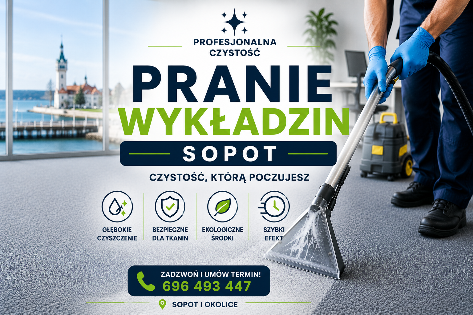 Pranie wykładzin Sopot 1 Profesjonalne pranie wykładzin w Sopocie – czyszczenie wykładzin biurowych i domowych metodą ekstrakcyjną przez Profesjonalna Czystość